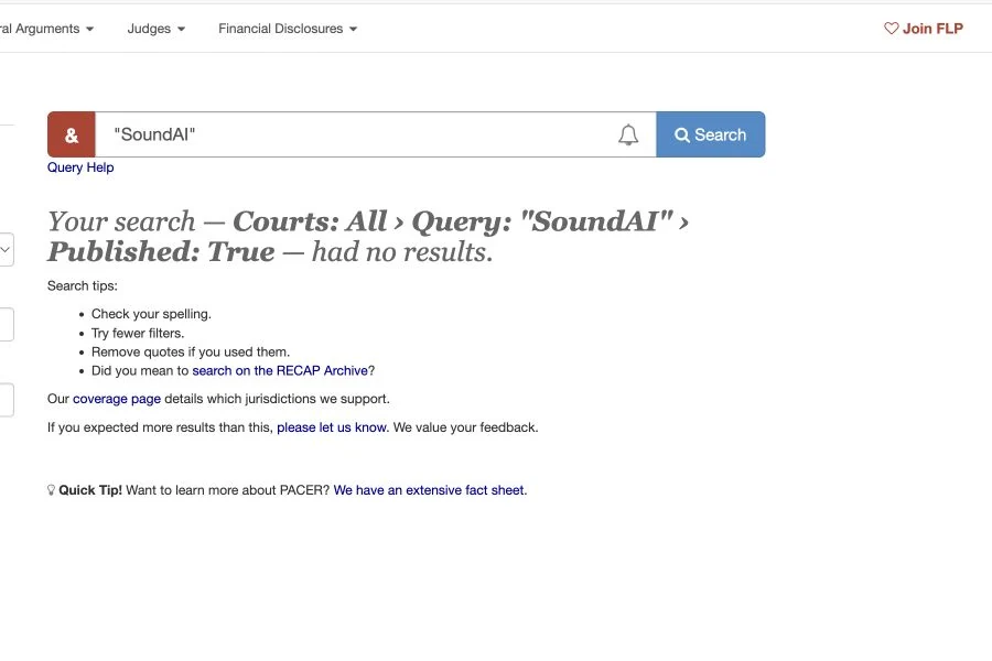 CourtListener search for SoundAI returning no results · CourtListener / Free Law Project · captured 15 Jul 2026